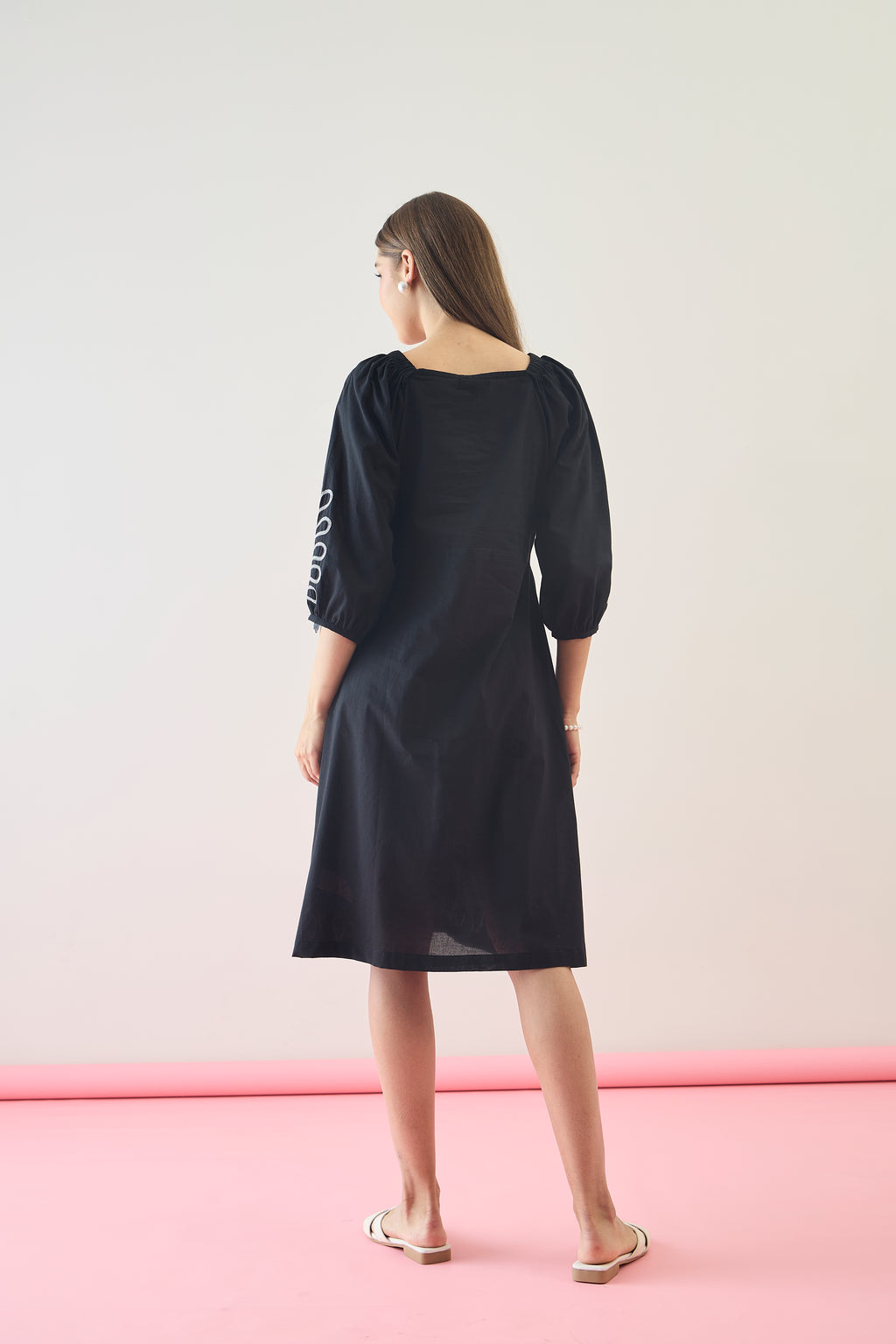 Cotton Black Embroidered  Puff Sleeve Midi Dress