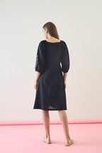 Cotton Black Embroidered  Puff Sleeve Midi Dress