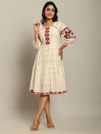 Cotton Off White Tribal Embroidered Midi Dress