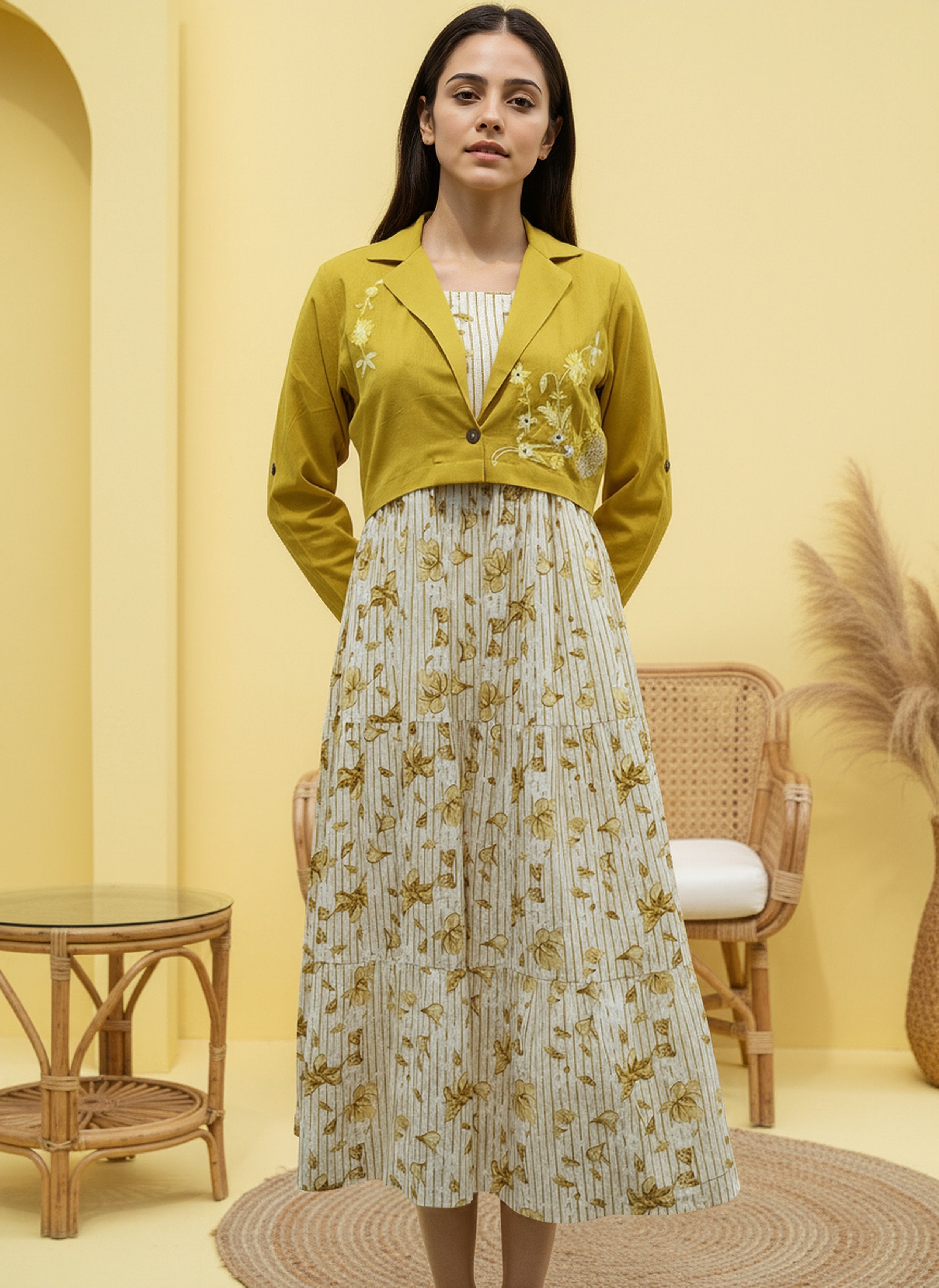 Cotton Yellow Printed Fit And Flare Midi Dress with Embroidered Jacket