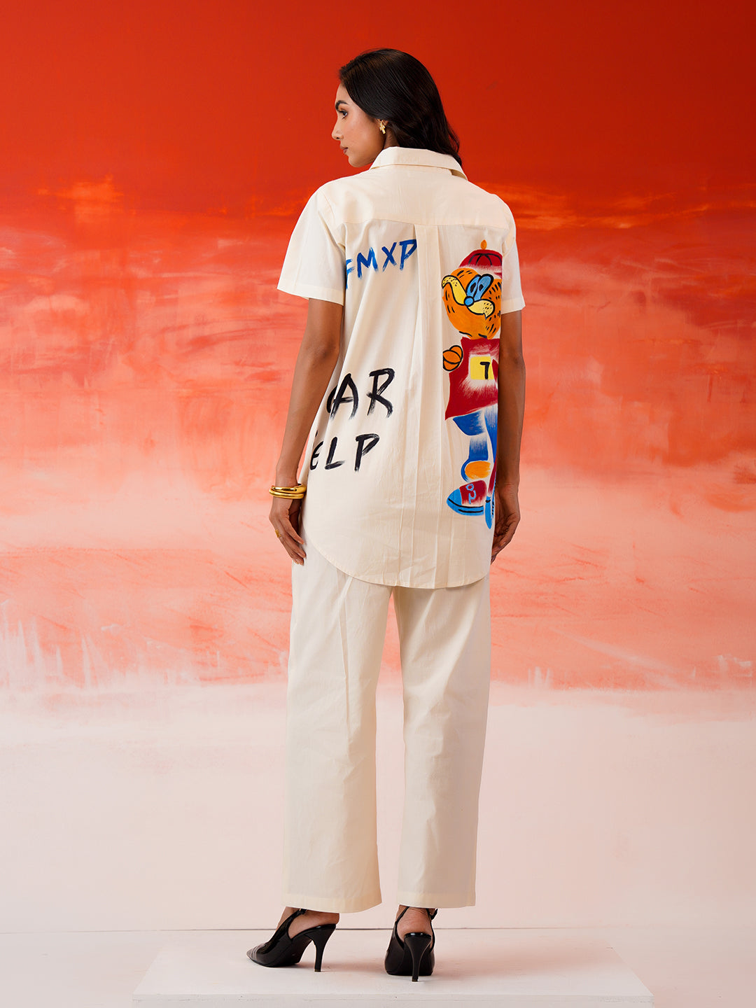 Zummer Hand-Painted Cotton Co-Ord Set with Shirt & Trousers – Off White, Cream & Multi