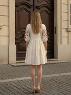 Off White Cotton Embroidered Empire Short Dress with Puff Sleeves