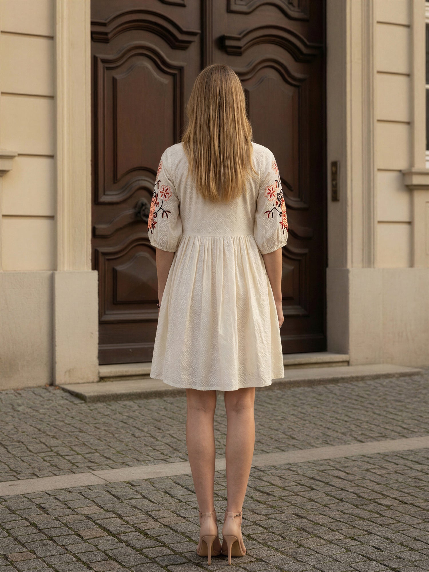 Off White Cotton Embroidered Empire Short Dress with Puff Sleeves