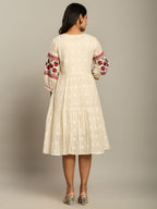 Cotton Off White Tribal Embroidered Midi Dress