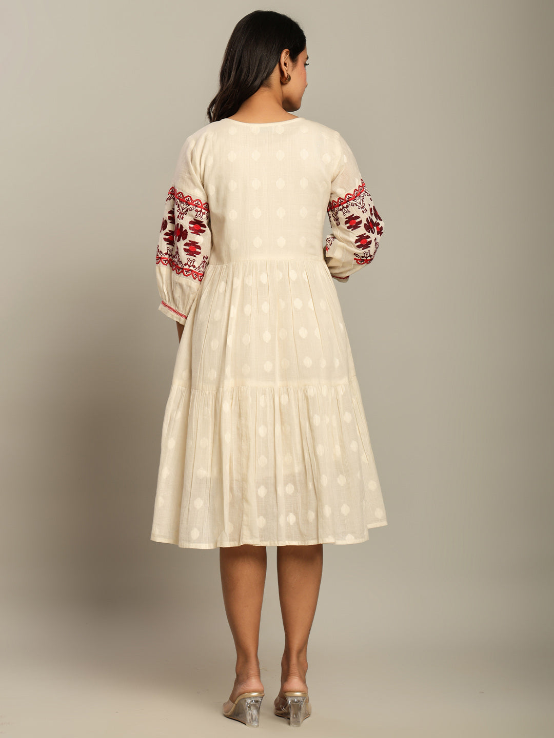 Cotton Off White Tribal Embroidered Midi Dress