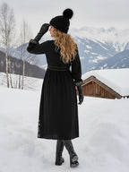 Black Cotton Embroidered Fit and Flare Midi Dress with Bell Sleeves