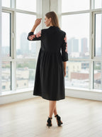 Zummer Rayon Black floral embroidered Shirt Collar Midi dress