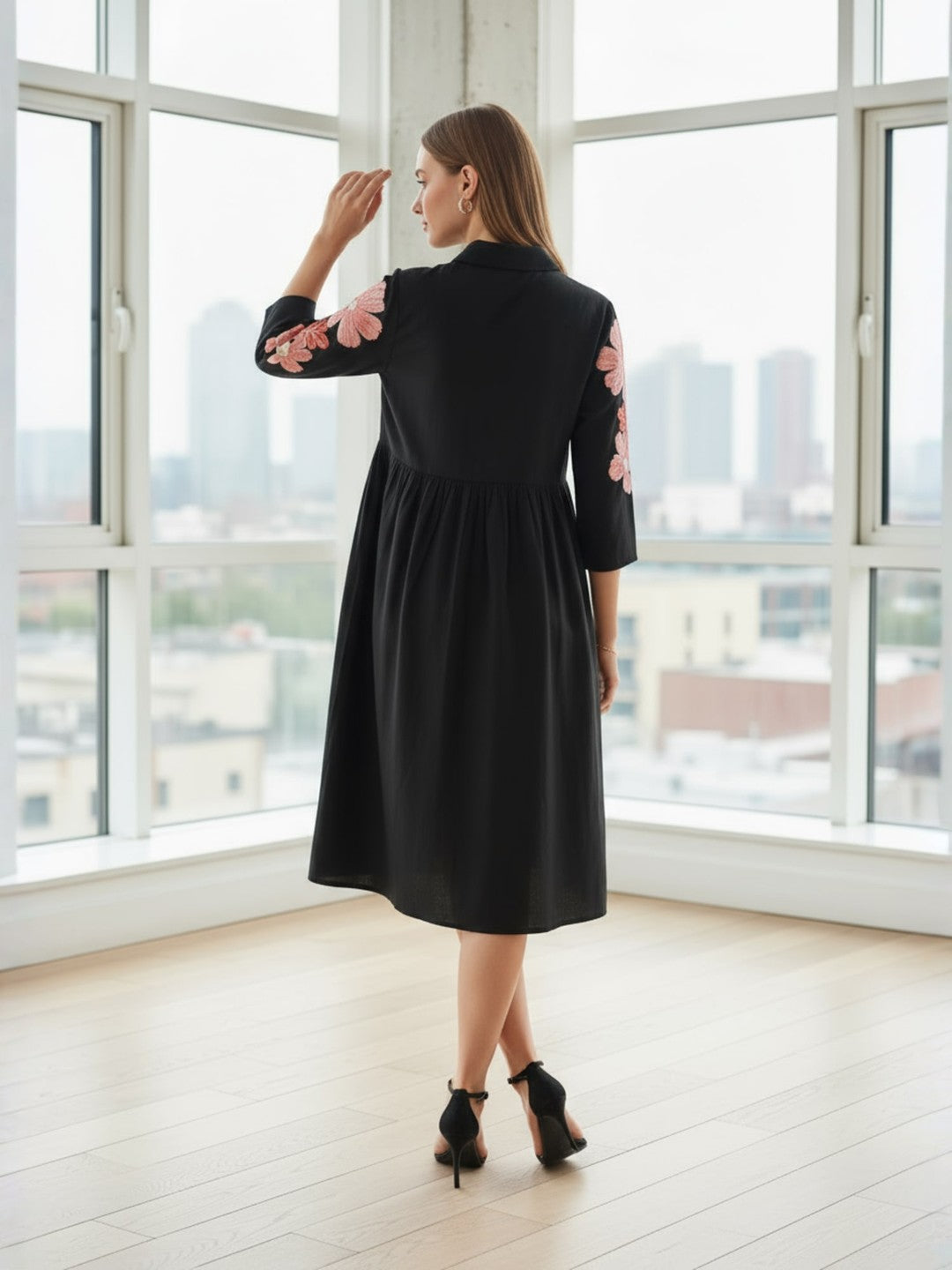 Zummer Rayon Black floral embroidered Shirt Collar Midi dress