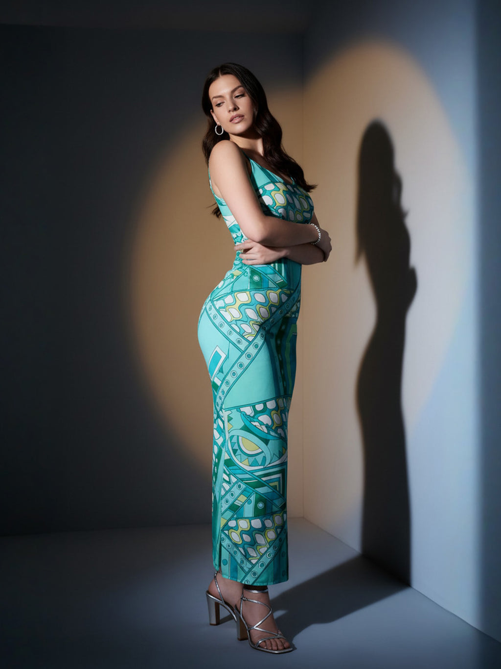 Blue Asbstract Satin Strappy Maxi Dress