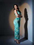 Blue Asbstract Satin Strappy Maxi Dress