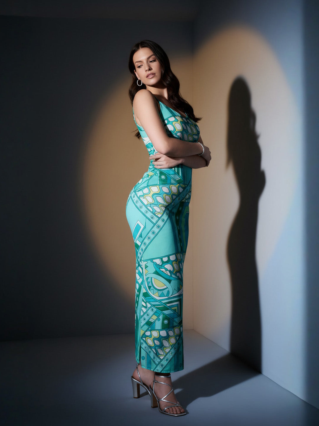 Blue Asbstract Satin Strappy Maxi Dress