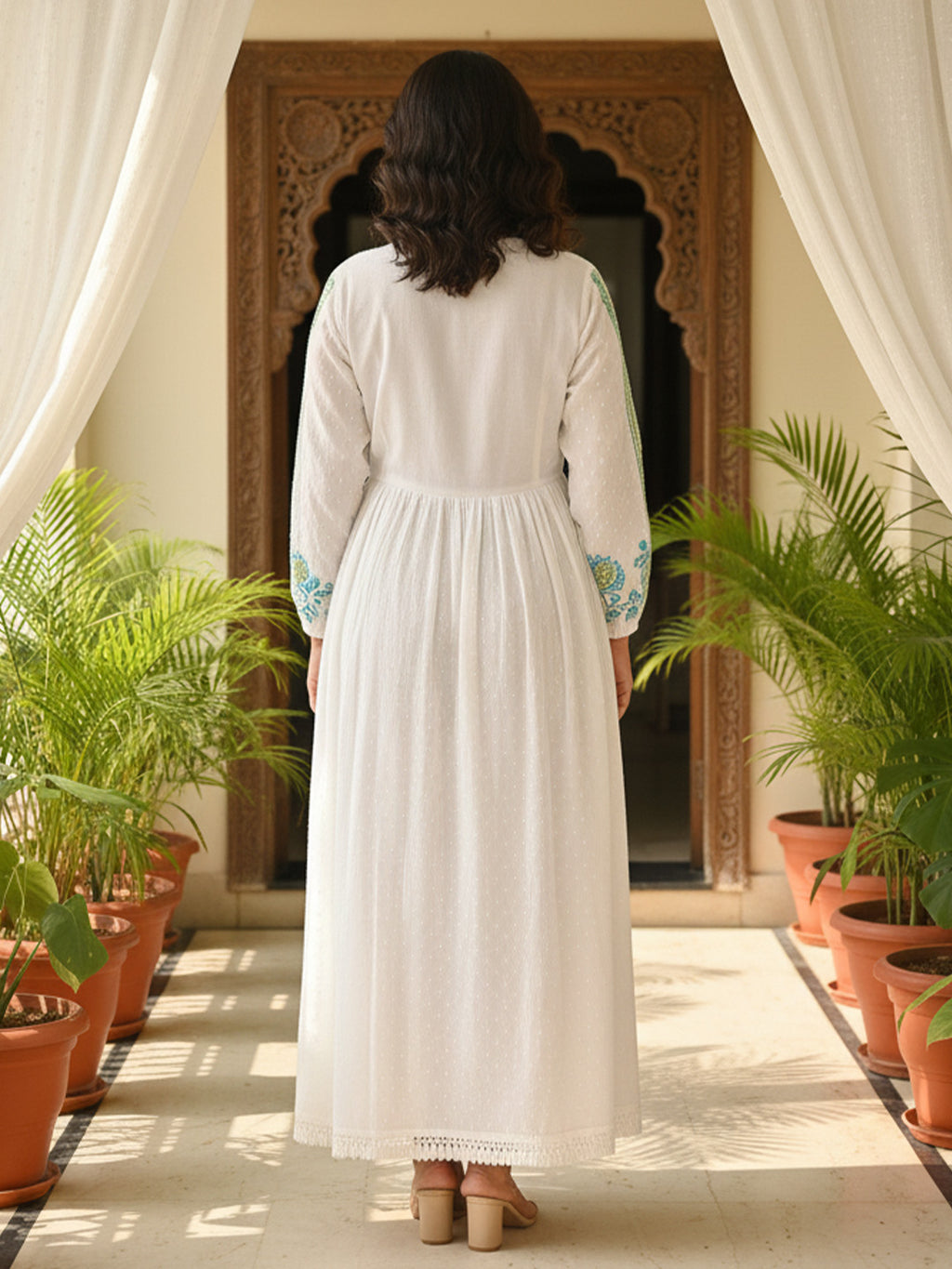 Cotton White Embroidered Fit and Flare Maxi Dress