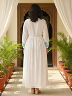 Cotton White Embroidered Fit and Flare Maxi Dress