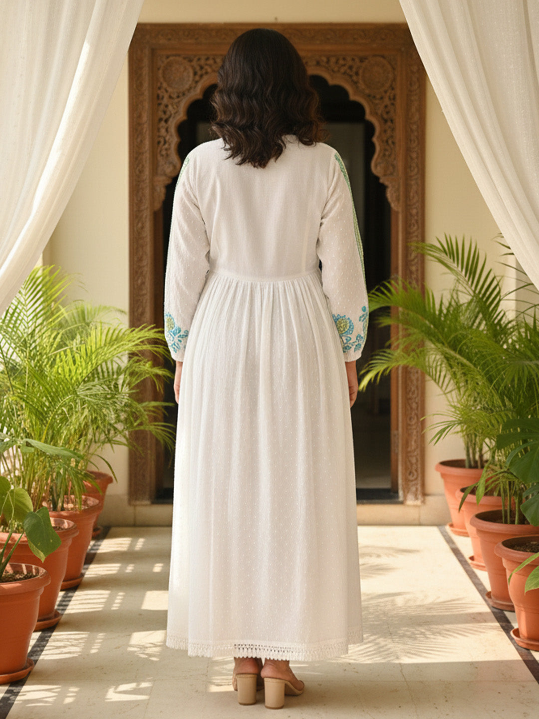 Cotton White Embroidered Fit and Flare Maxi Dress