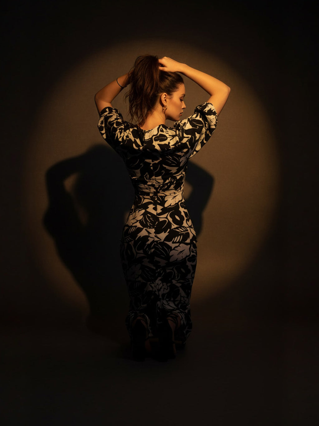 Black Leaves Printed Front Twisted Midi Dress