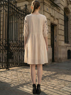 Zummer Off-White Embroidered Puff Sleeve Cotton Short Dress