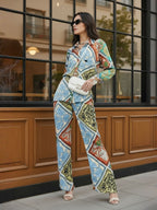 Multi Floral Satin Shirt With Darted Pants