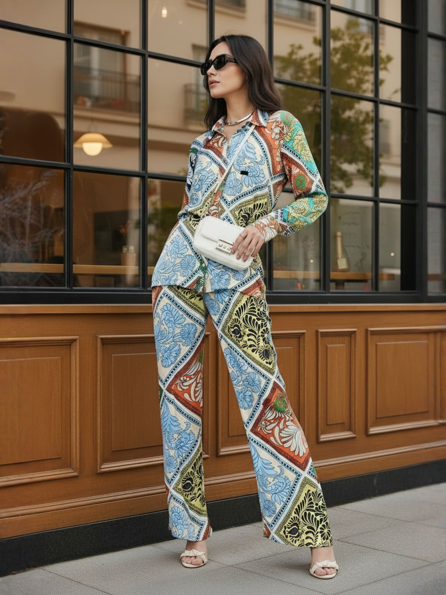 Multi Floral Satin Shirt With Darted Pants