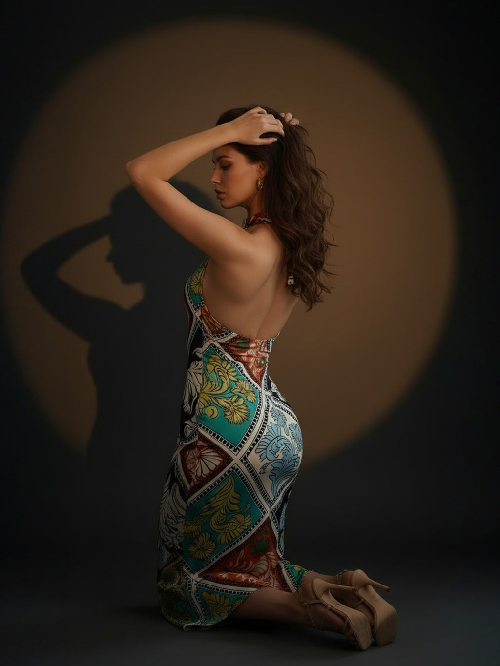 Multi Floral Satin Halter Neck Midi Dress