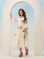Zummer Hand-Painted Cotton Midi Dress with Ruffles & Bell Sleeves