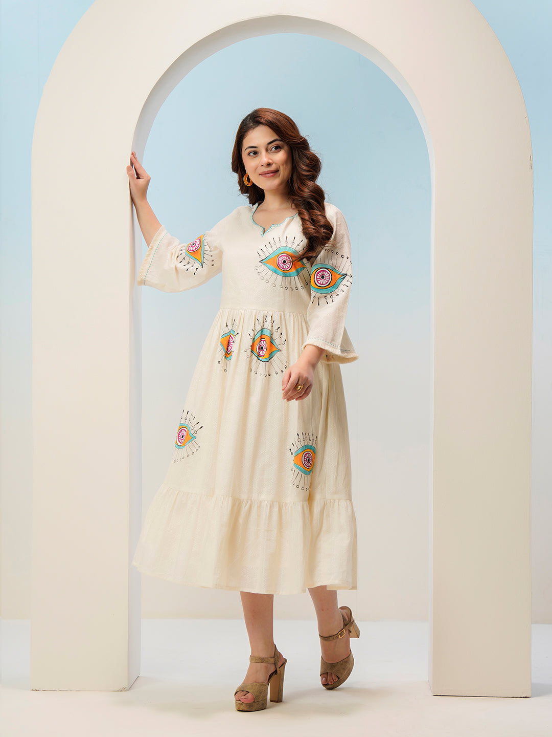 Zummer Hand-Painted Cotton Midi Dress with Ruffles & Bell Sleeves