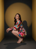 Satin Multi Abstract A-Line Short Dress