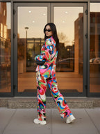 Multi Abstract Satin Shirt With Darted Pants