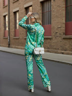 Blue Abstract Satin Shirt With Darted Pants