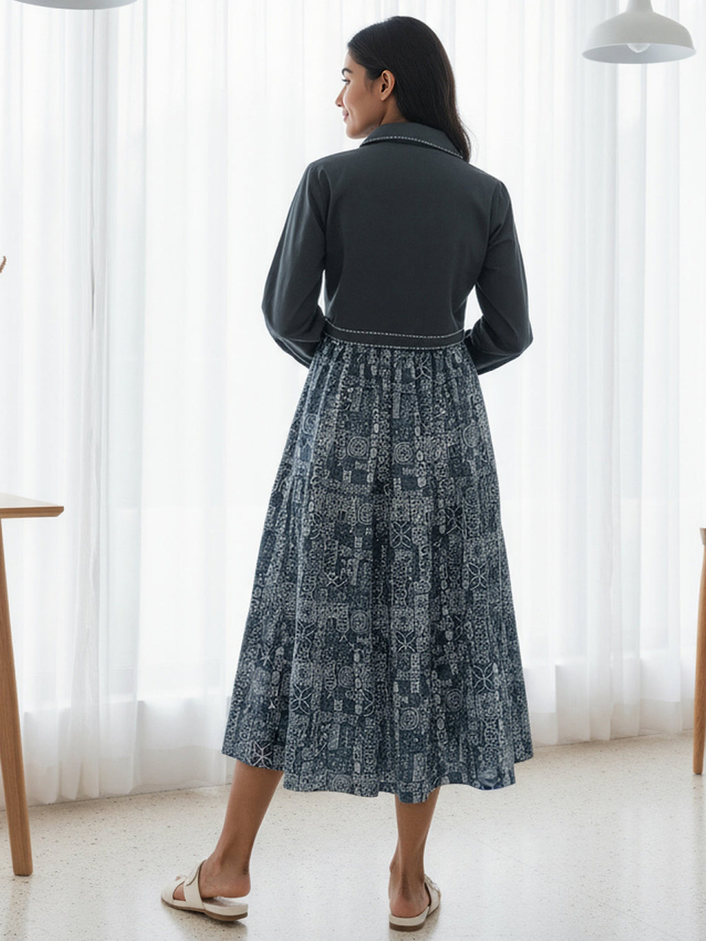 Cotton Printed Fit And Flare Midi Dress with Embroidered Jacket