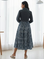 Cotton Printed Fit And Flare Midi Dress with Embroidered Jacket