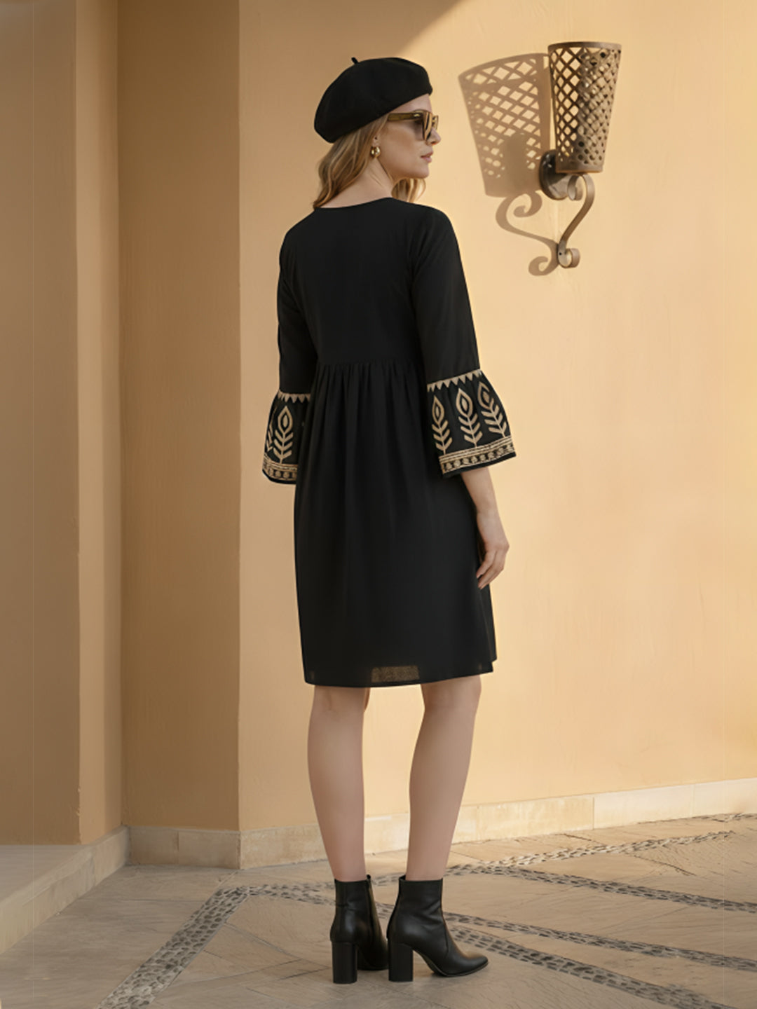 Zummer Embroidered Cotton Knee-Length Dress with Bell Sleeves – Black, Charcoal & Beige