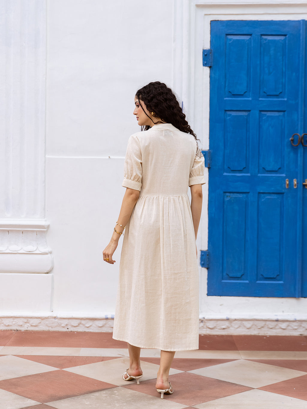 Zummer Embroidered Cotton Midi Dress with Puff Sleeves – Off White, White & Brown