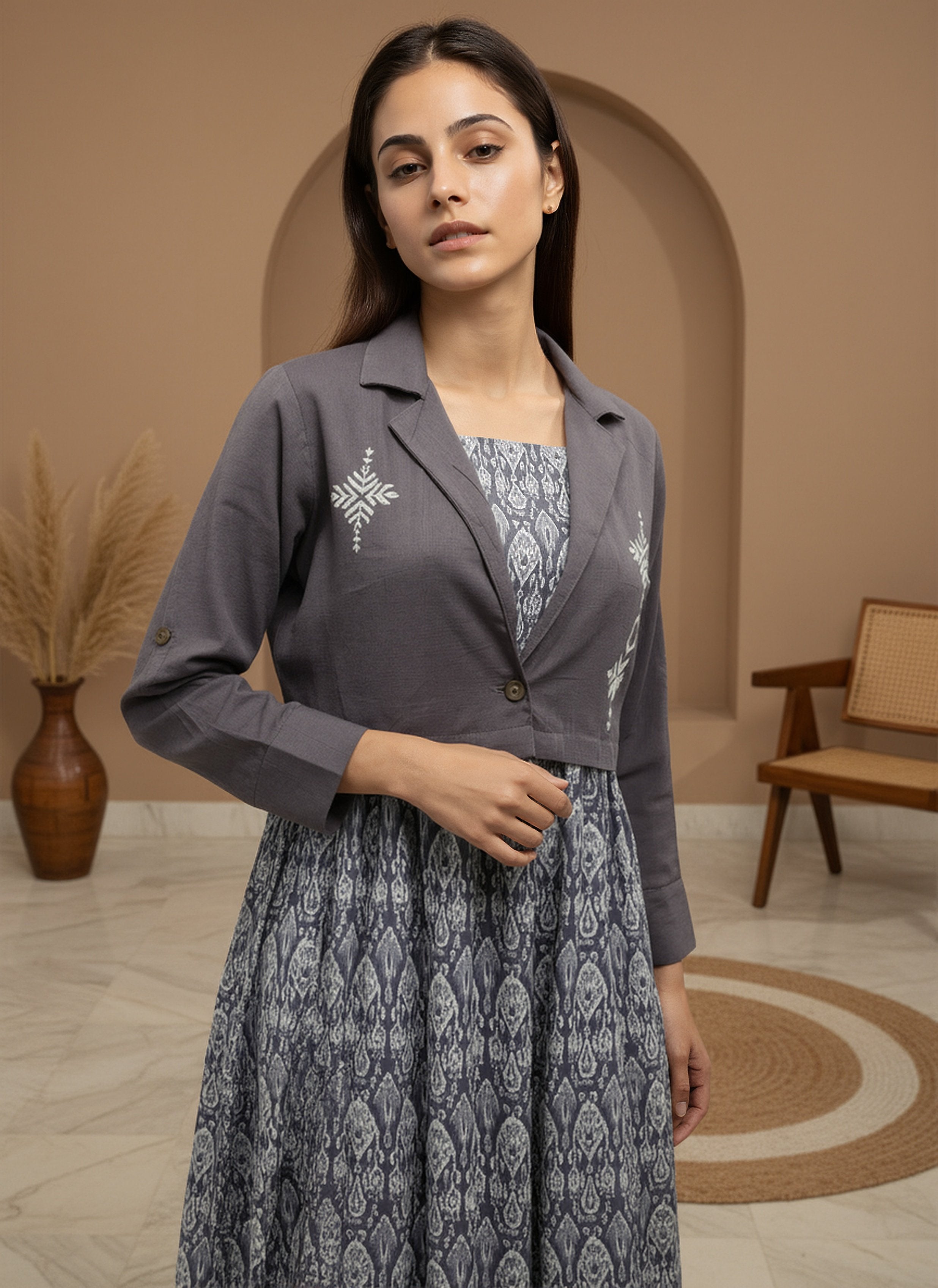 Cotton Lavender Printed Fit And Flare Midi Dress with Embroidered Jacket