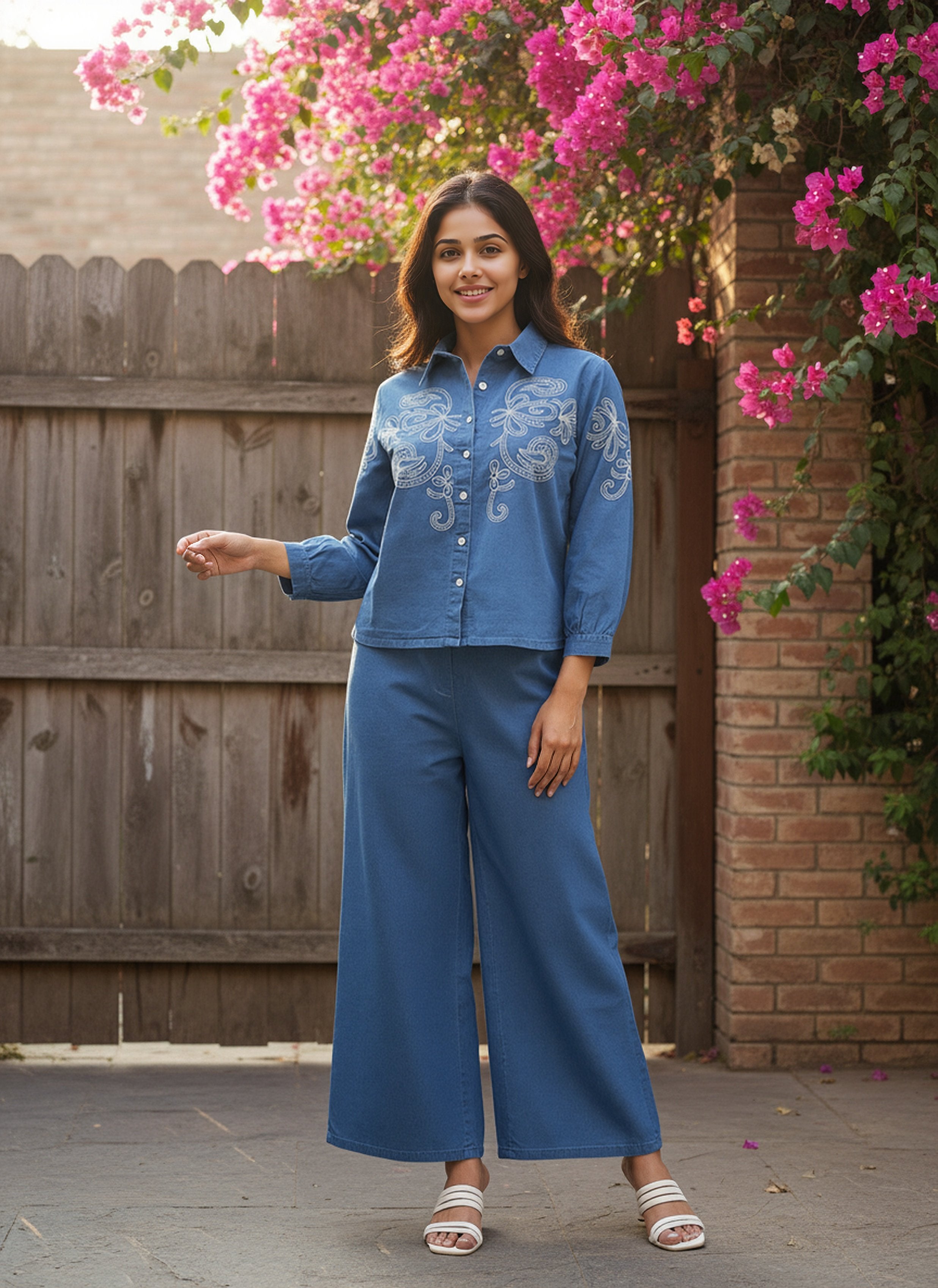 Denim Embroidered Shirt With TrouserCo-Ords Set