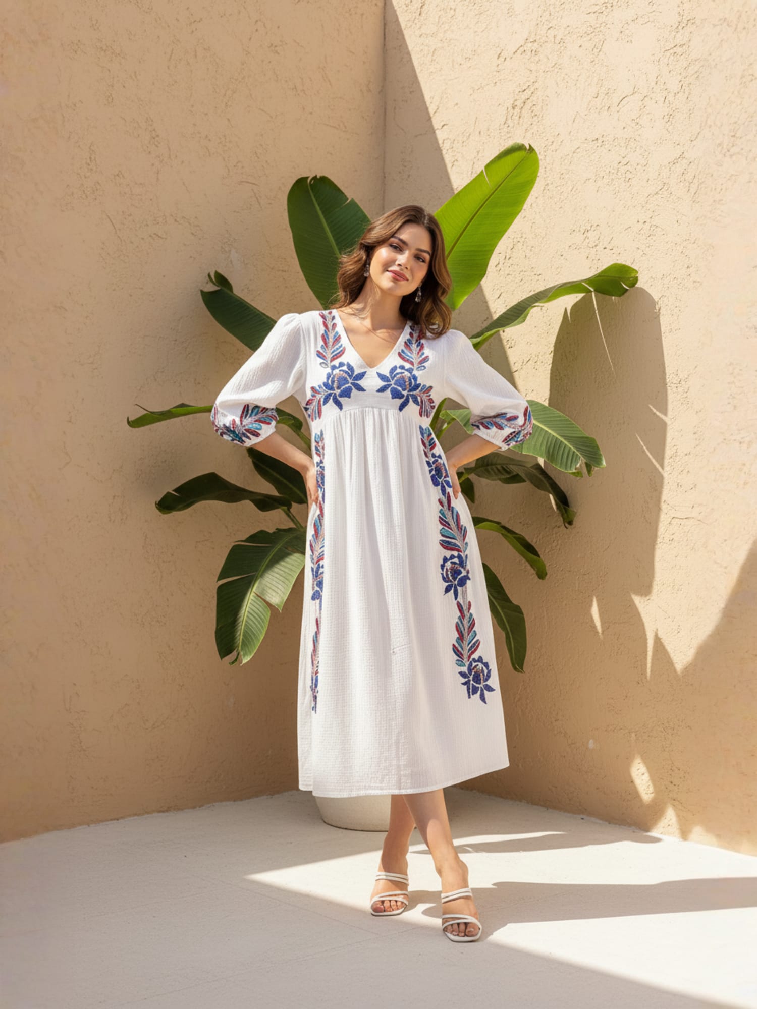 white Embroidered Empire Midi Dress
