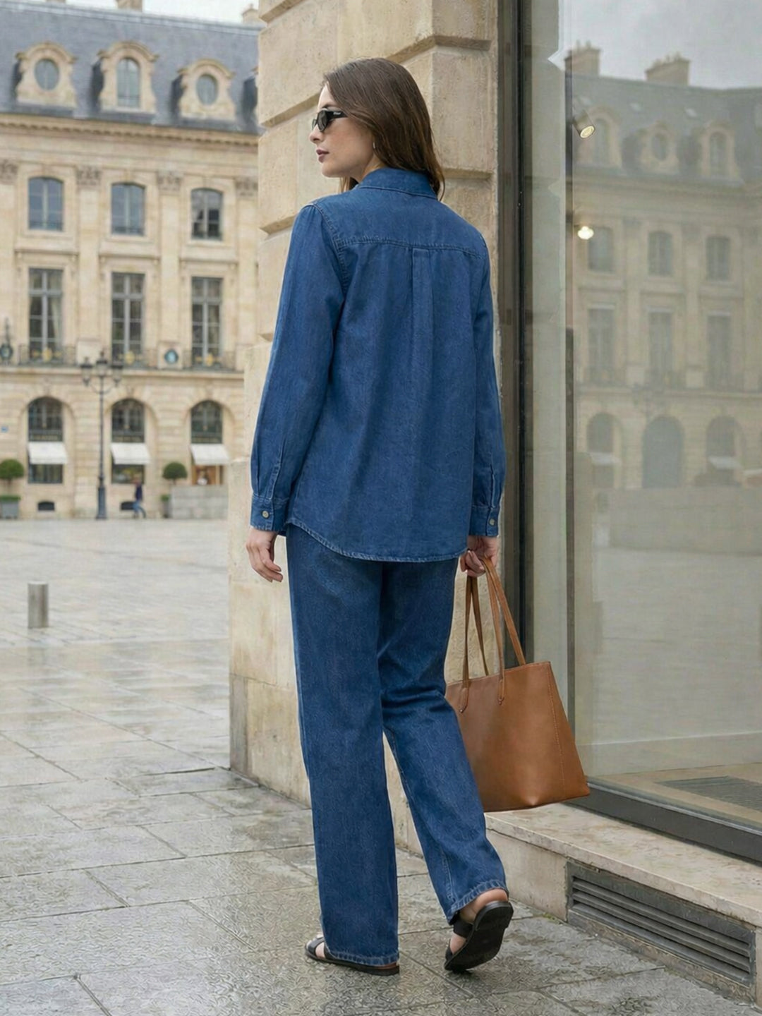 Zummer Embellished Denim Shirt with Spread Collar – Blue & Navy