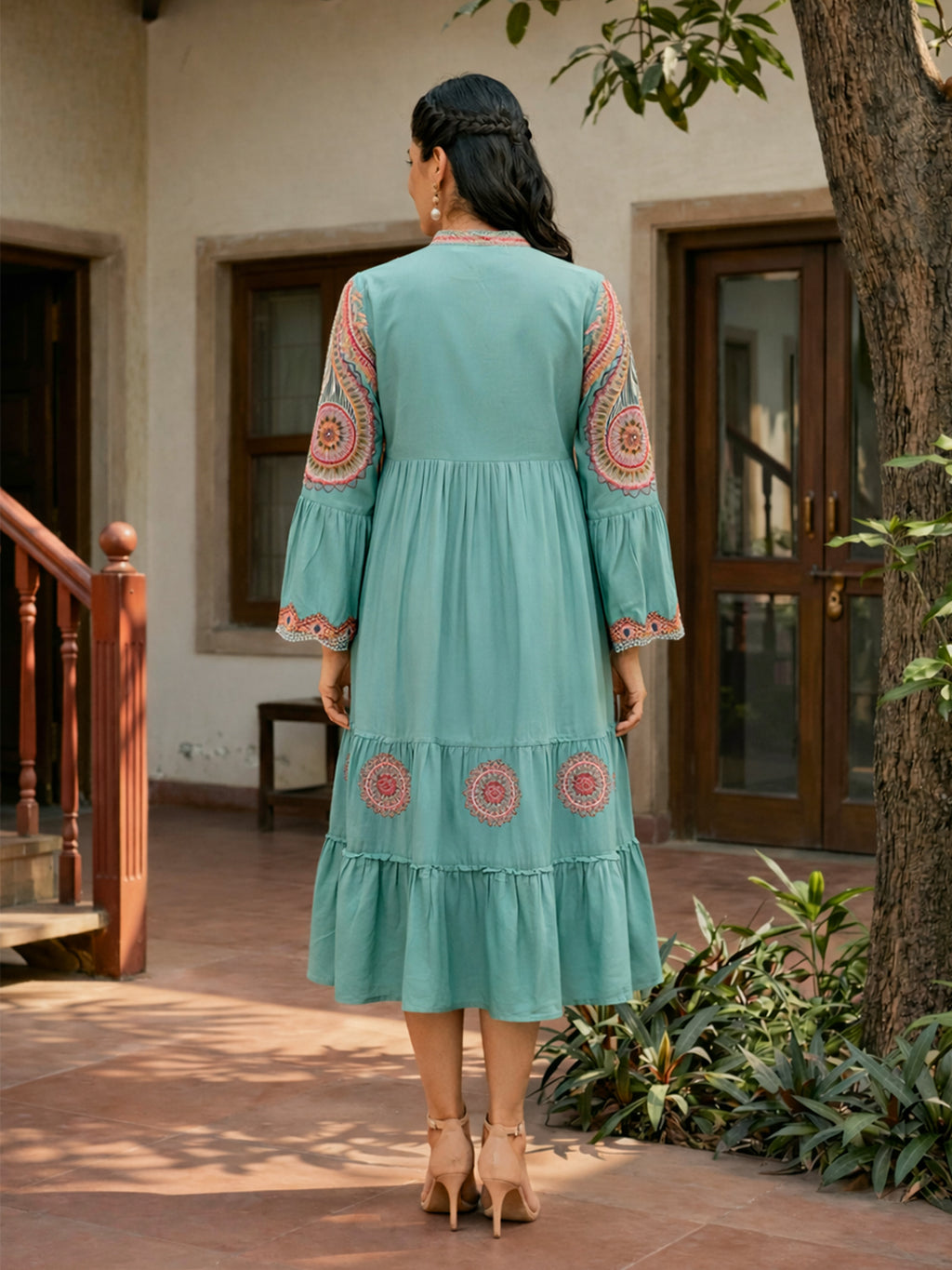 Zummer Sea Green Embroidered Midi Dress