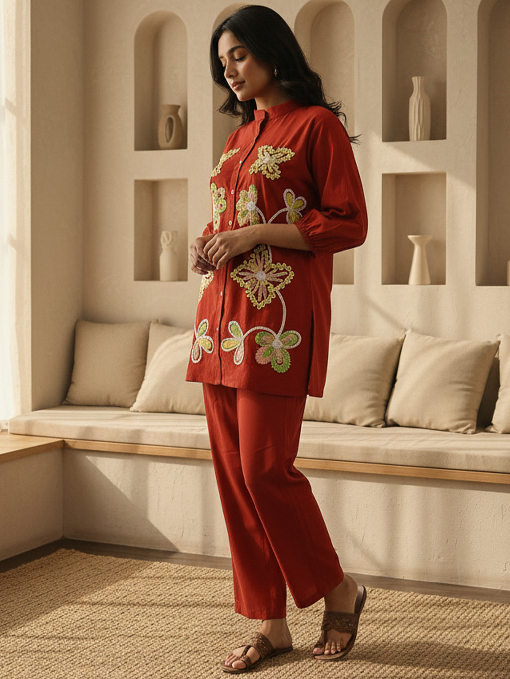 Cotton Embroidered Shirt With TrouserCo-Ords Set