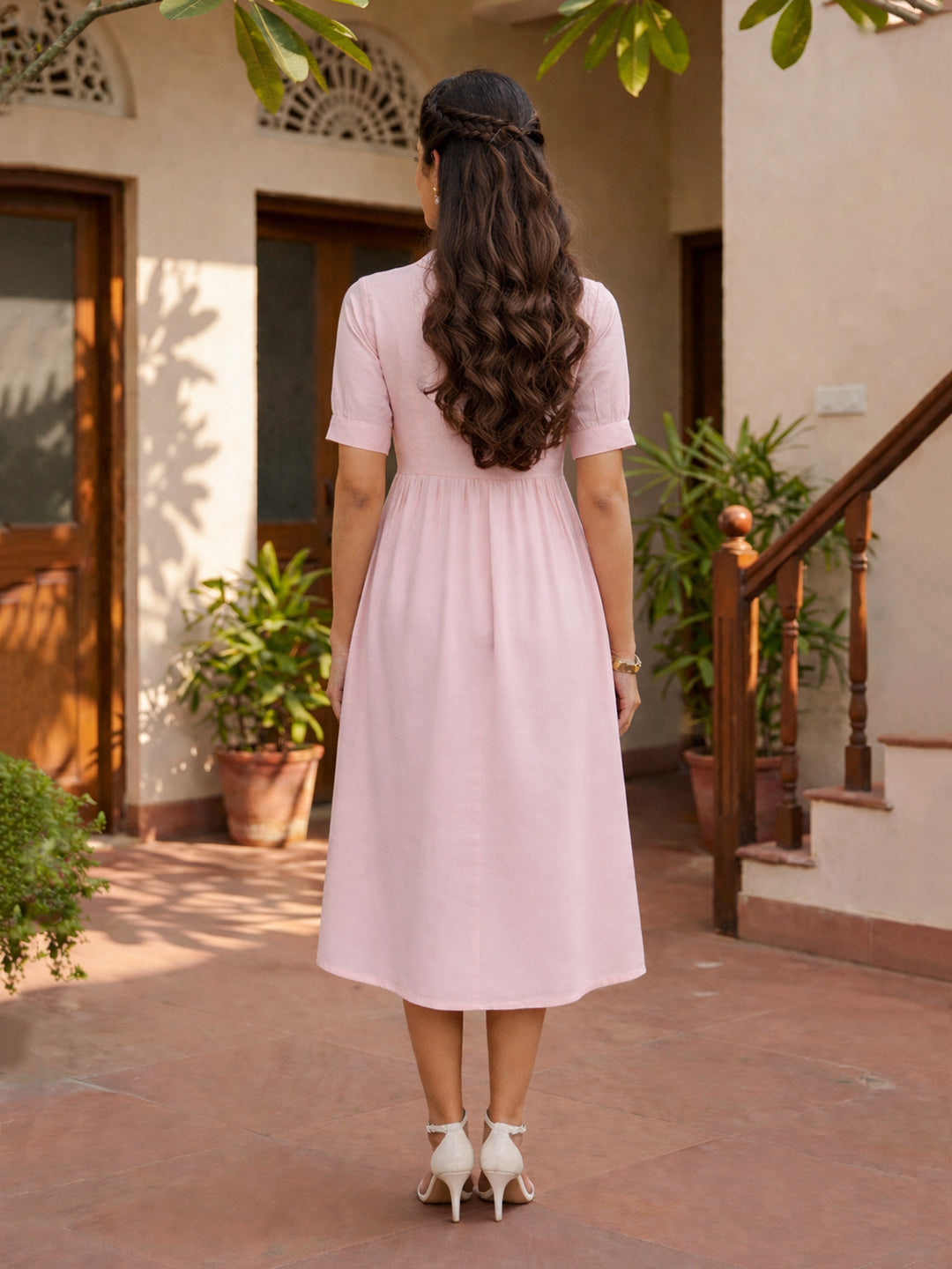 Zummer Women Pink Floral Cotton Empire Midi Dres