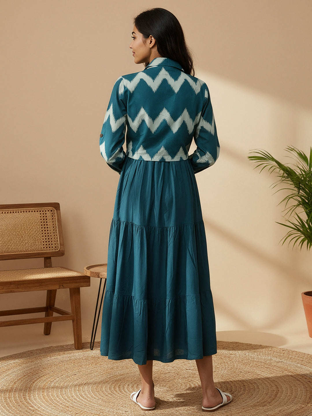 Cotton Fit And Flare Midi Dress with ikat Printed Jacket