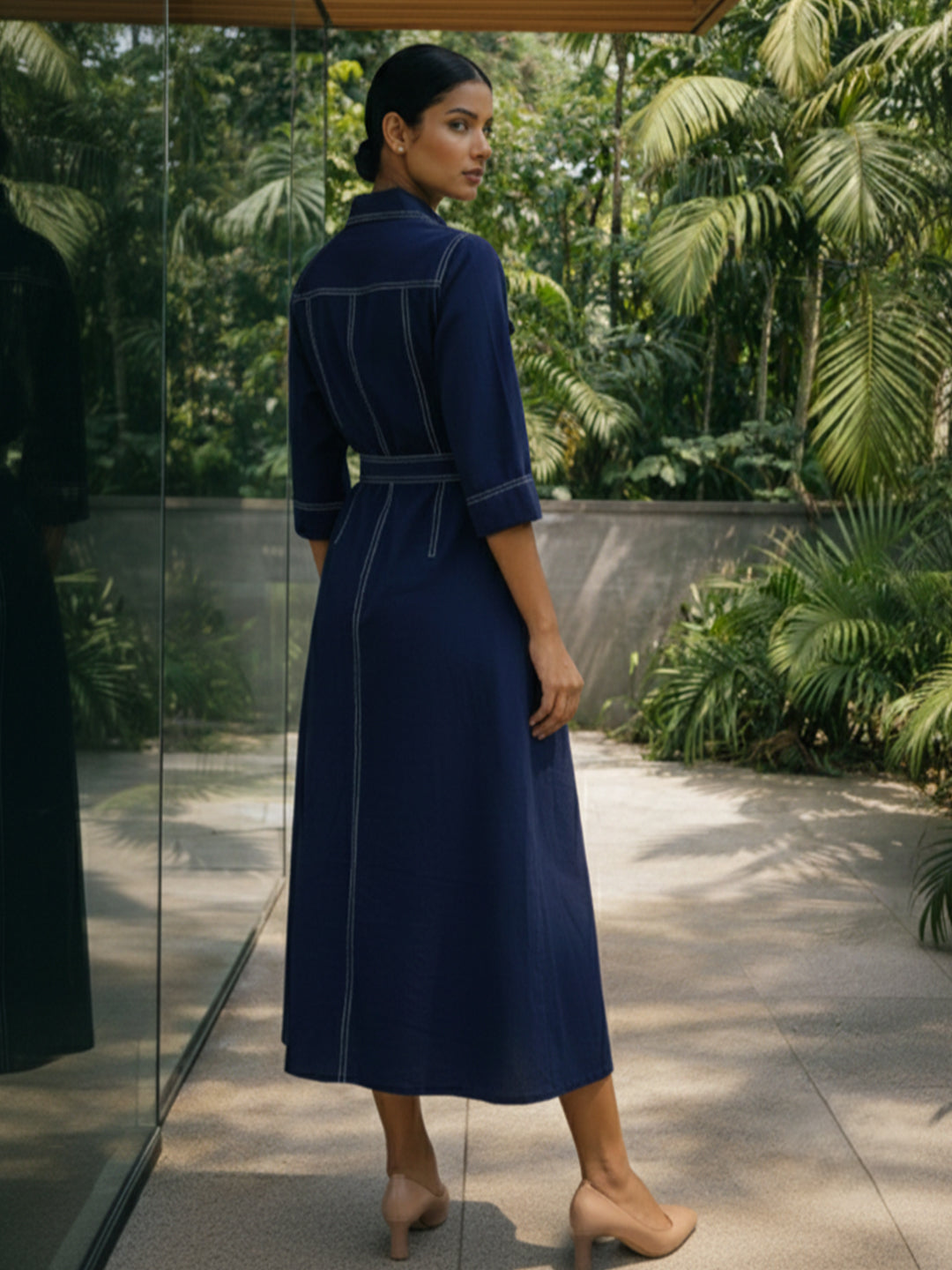 Zummer Women Navy Blue Embellished Cotton A-Line Midi Dress