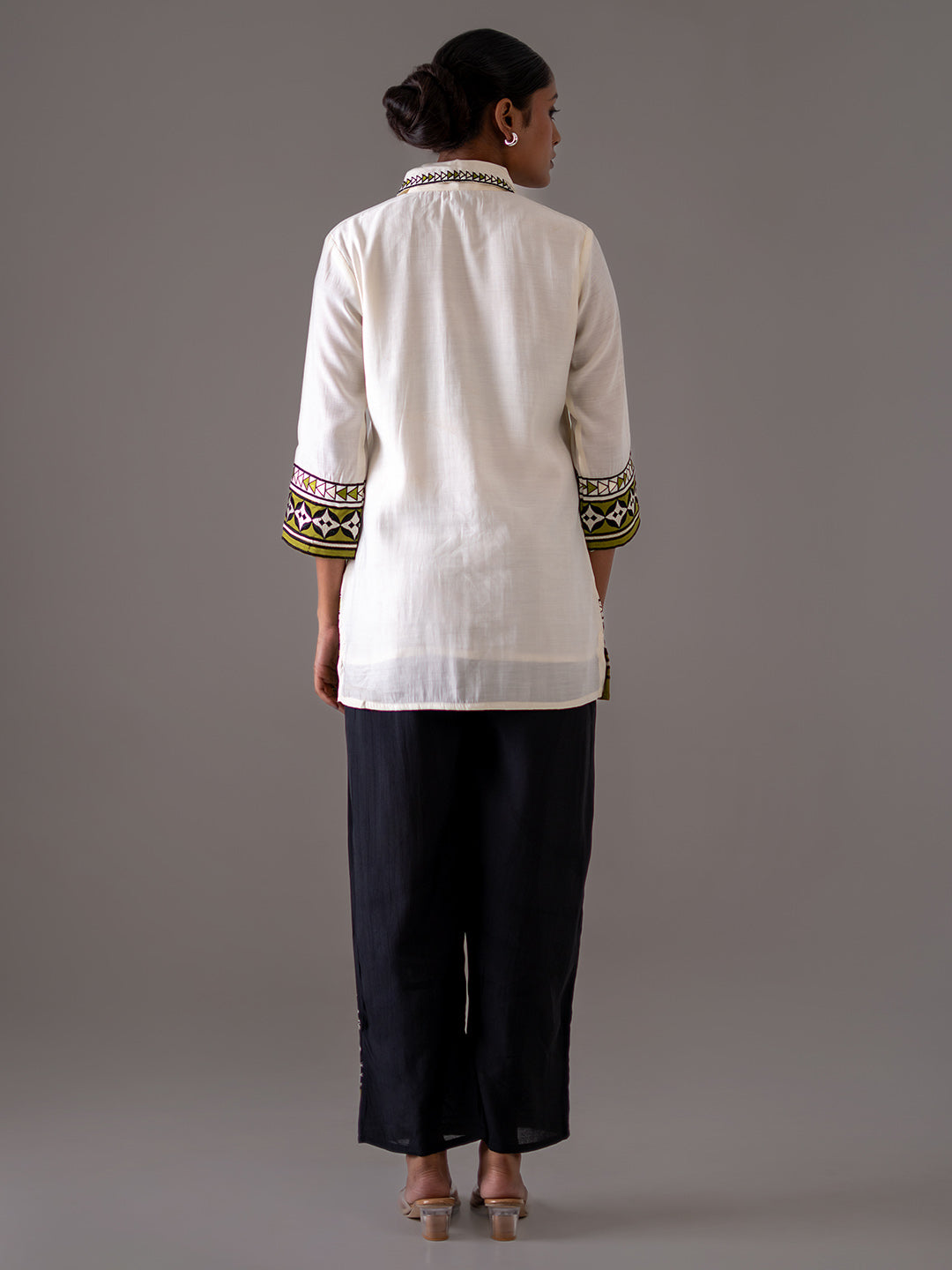 Cotton Off White And Black Embroidered Shirt With Trouser Co-Ords Set