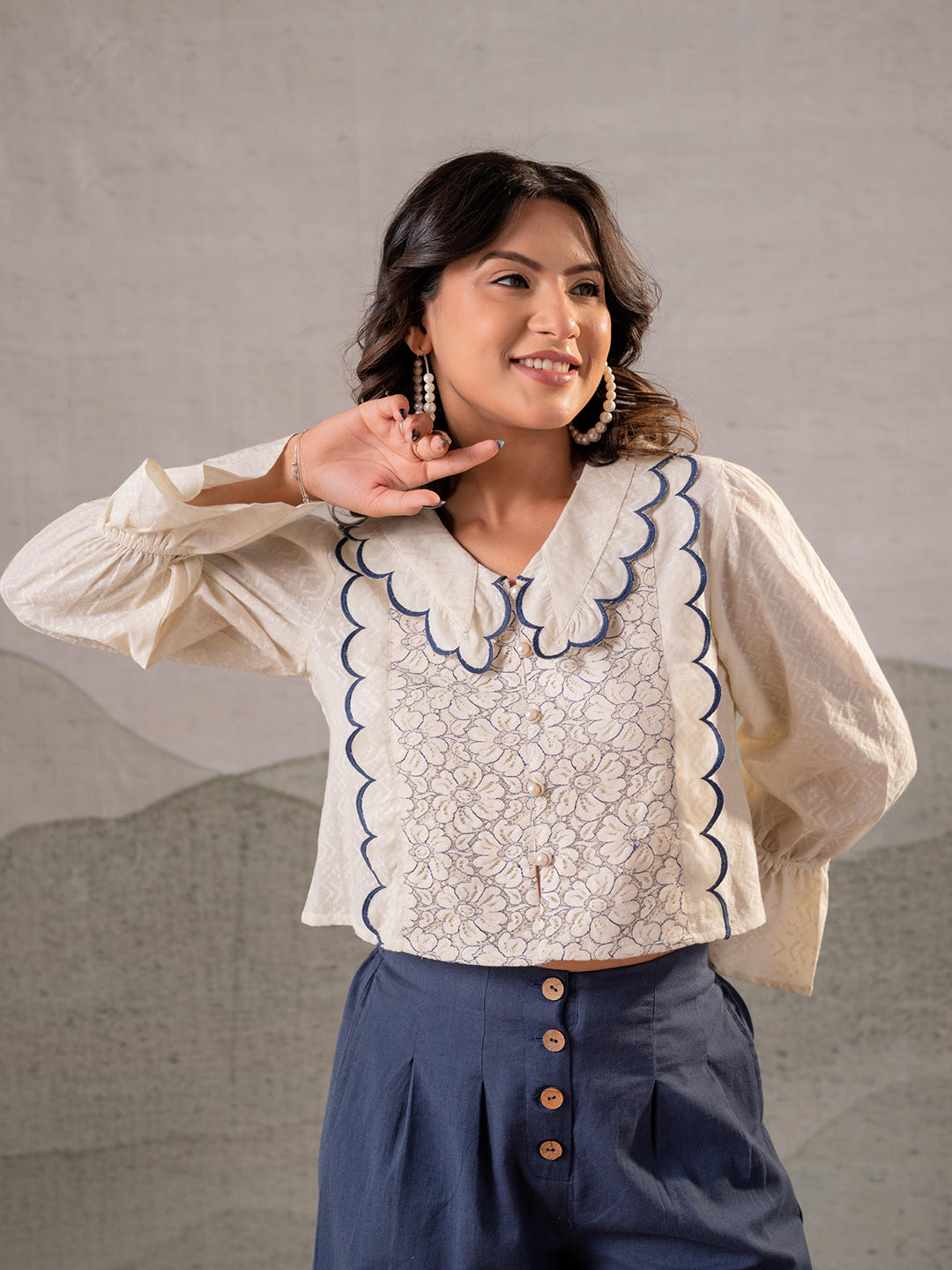 Zummer Off-White & Blue Cotton Co-Ord Set