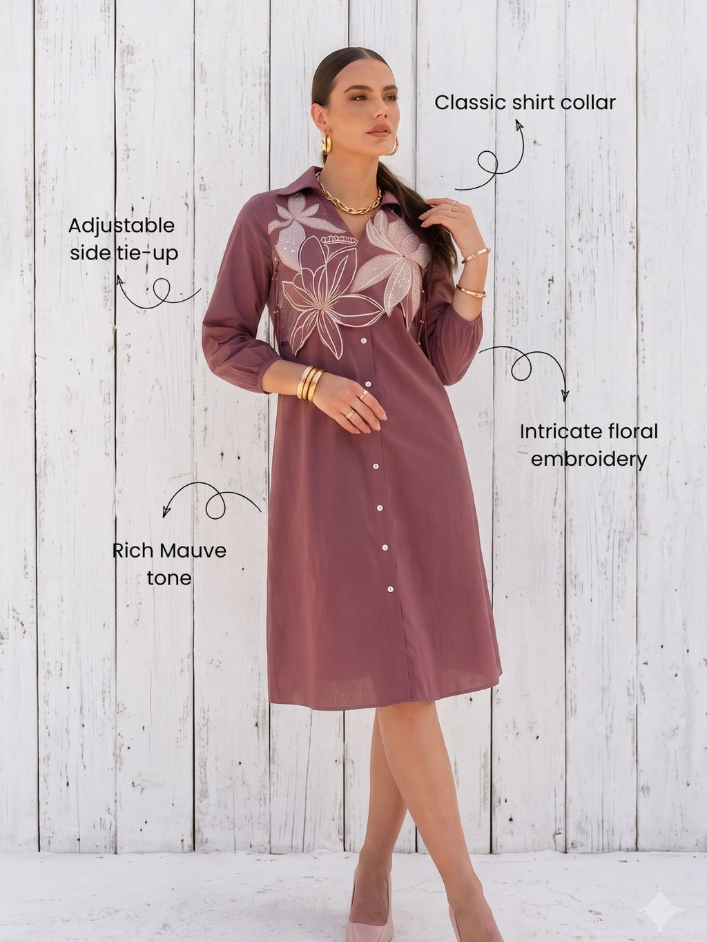 Zummer Women Mauve Embroidered Cotton Shirt Dress