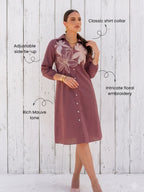 Zummer Women Mauve Embroidered Cotton Shirt Dress