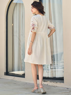 Cotton Embroidered  Puff Sleeve Short Dress