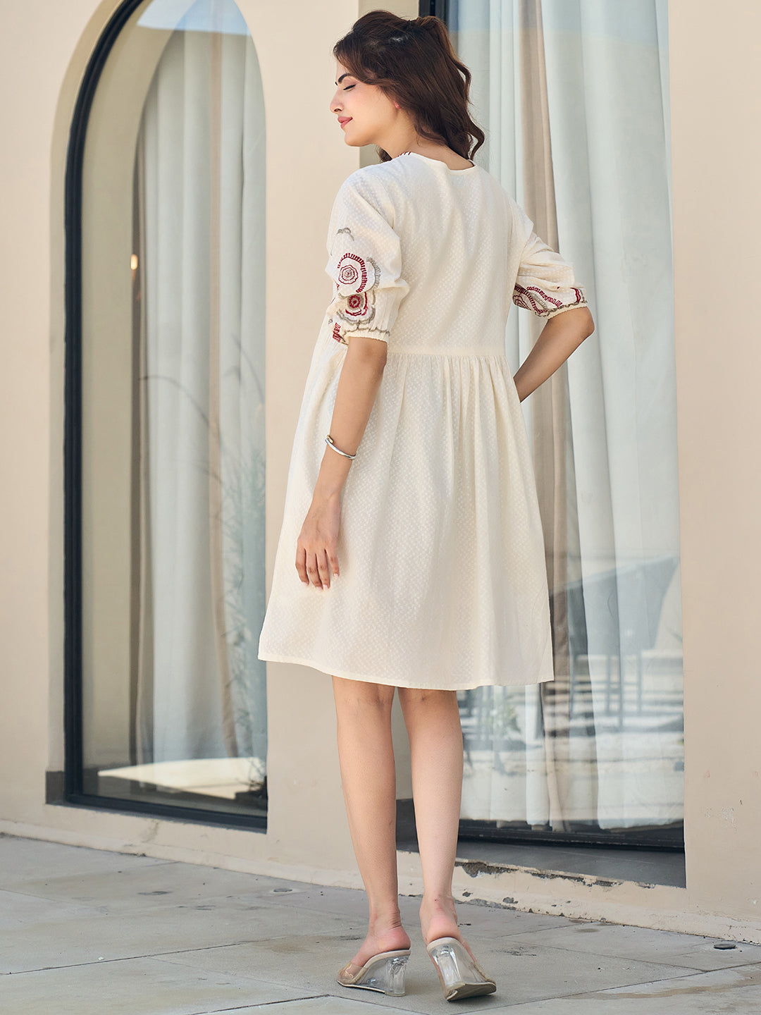 Cotton Embroidered  Puff Sleeve Short Dress