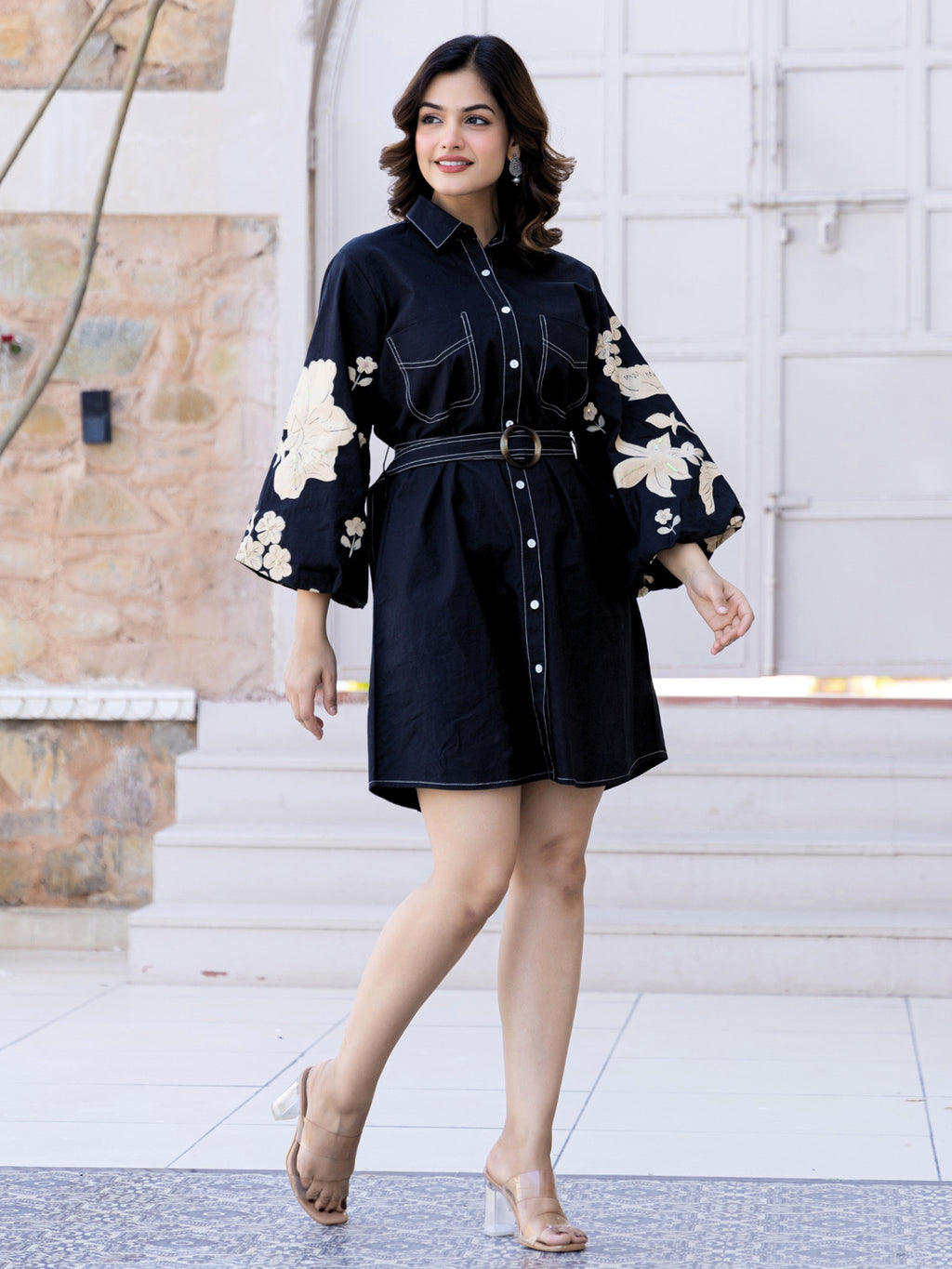 Cotton Floral Colourblocked Shirt Dress