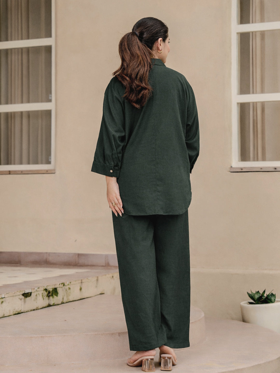 Zummer Hand-Painted Cotton Co-Ord Set with Shirt & Trousers – Olive, Grey & Beige