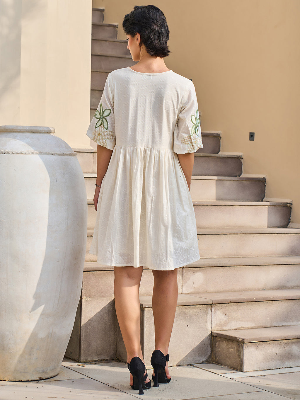 Cotton Floral Embroidered  Puff Sleeve Short Dress